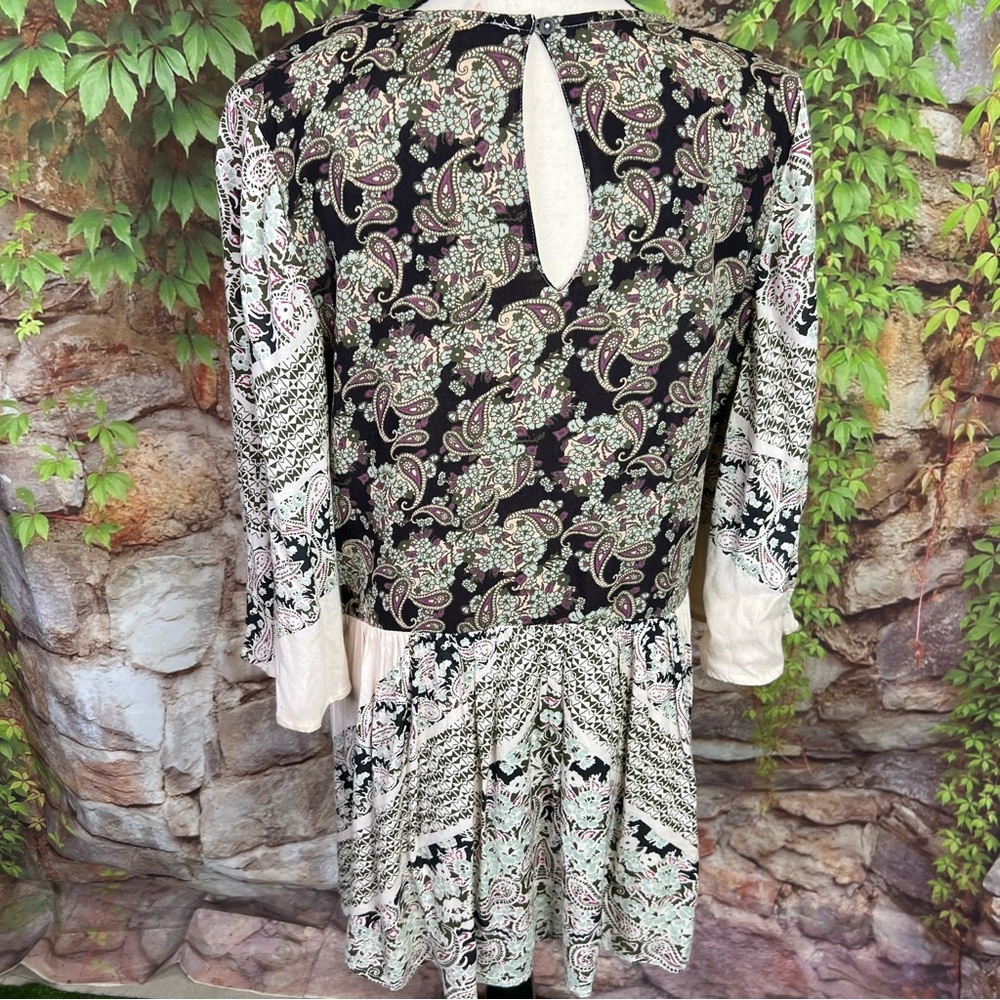 FREE PEOPLE Black, Cream, and Purple Paisley Boho Deep V-Neck Paisley Dress, S - Picture 7 of 12